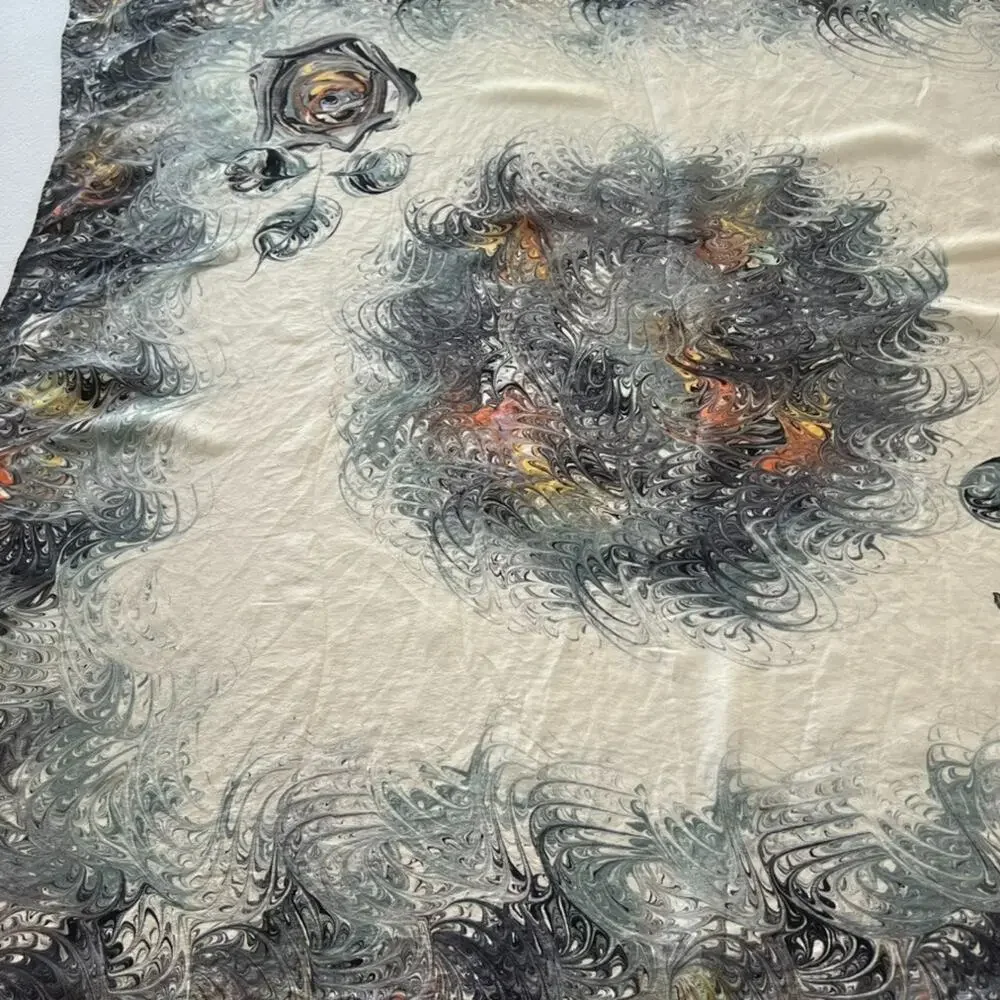 Marble Swirl Silk Scarf Hand Marbled Square Ivory Black Gray Hand Rolled Hem 30
